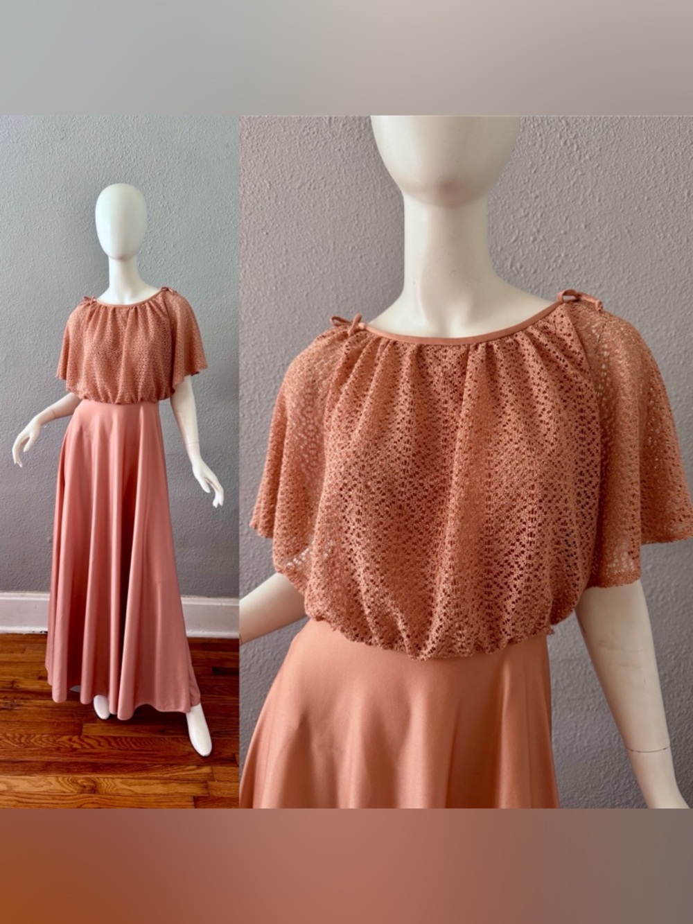 Vintage 70s Grecian Goddess Lace Capelet Flowy Maxi Dress XS